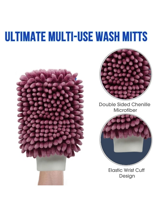 Agc Purple Microfiber Chenille Wash Mitt Double Sided Car Wash Glove 24x17cm Scratch Free Lint Free Ultra Absorbent Cleaning for Car Bike Truck Boat Kitchen Glass Mirror Waterproof Machine Washable Reusable Elastic Wrist Cuff Auto Detailing Tools - Image 3