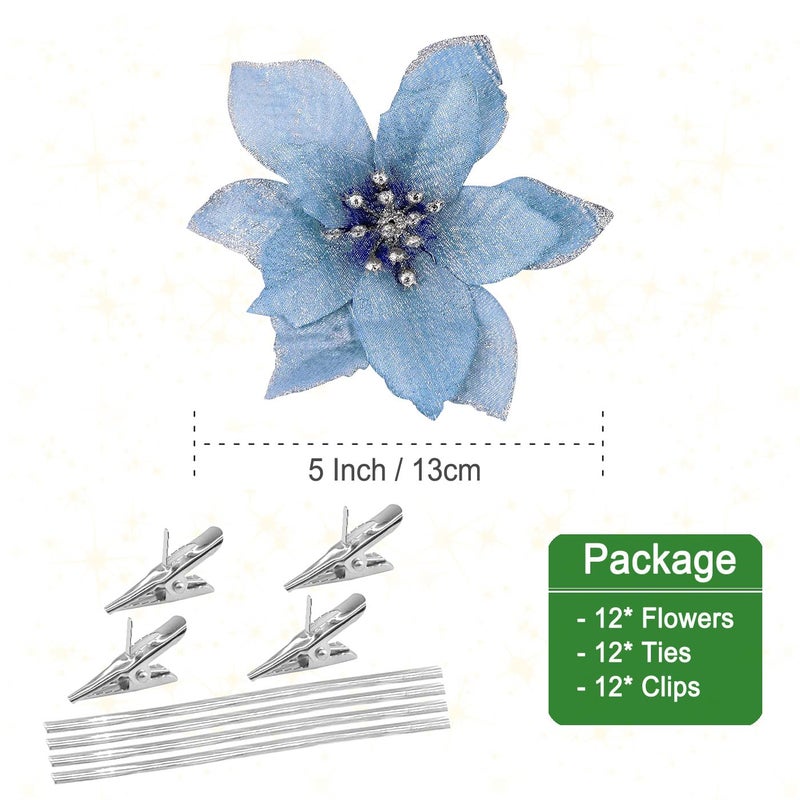 Gardeningwill 12Pcs 5 Inch Glitter Artificial Poinsettia Flowers with Ties for Wedding Christmas Festival Holiday Decor Xmas Wreath Garland Ornament Blue - Image 3