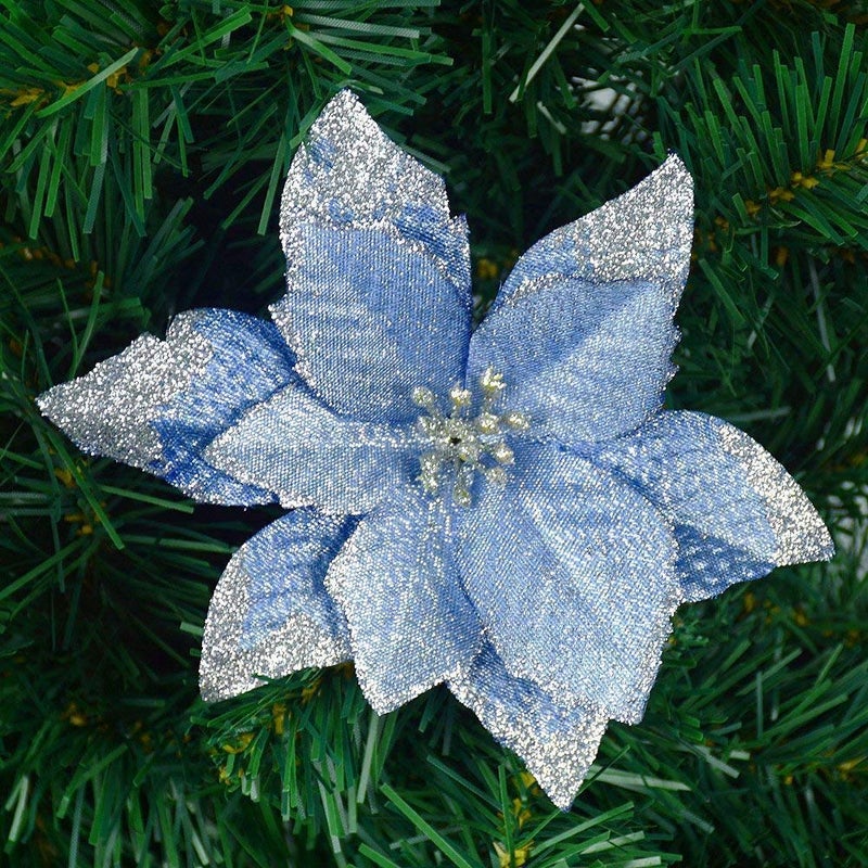 Gardeningwill 12Pcs 5 Inch Glitter Artificial Poinsettia Flowers with Ties for Wedding Christmas Festival Holiday Decor Xmas Wreath Garland Ornament Blue - Image 2
