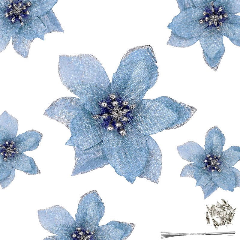 Gardeningwill 12Pcs 5 Inch Glitter Artificial Poinsettia Flowers with Ties for Wedding Christmas Festival Holiday Decor Xmas Wreath Garland Ornament Blue - Image 1