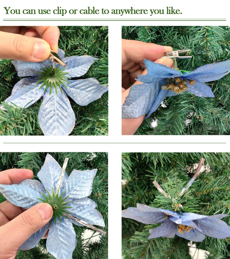 Gardeningwill 12Pcs 5 Inch Glitter Artificial Poinsettia Flowers with Ties for Wedding Christmas Festival Holiday Decor Xmas Wreath Garland Ornament Blue - Image 4