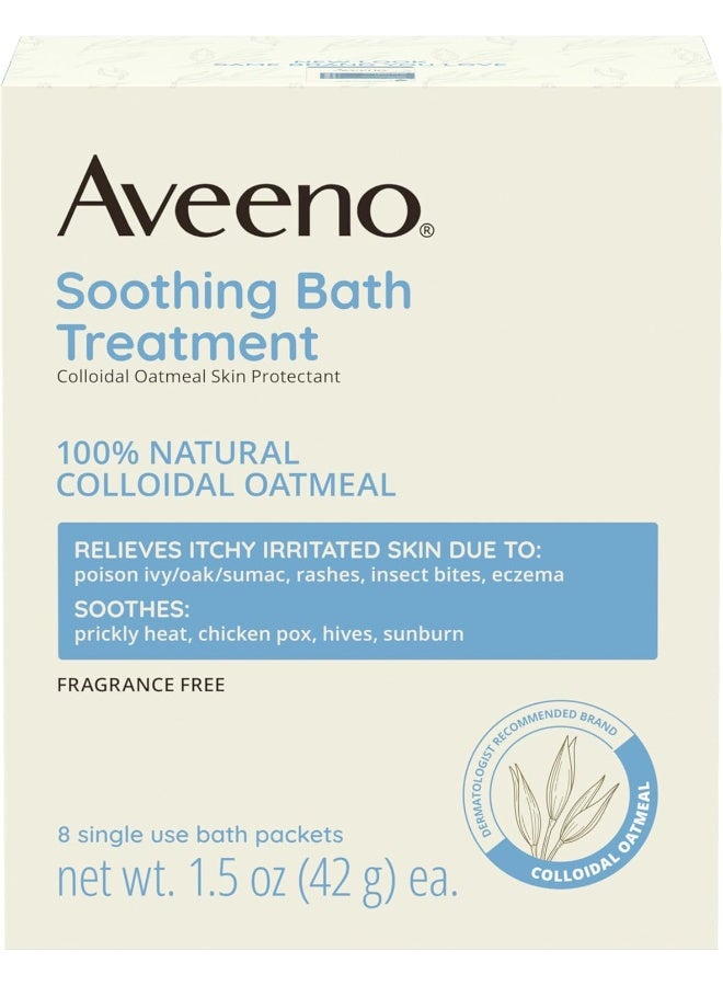 Aveeno Fragrance Free Soothing Bath Treatment, 100% Natural Colloidal Oatmeal, Sensitive Skin Bath Soak for Relief of Dry, Itchy, Irritated Skin Due to Eczema & Hives, Bath Packets, 8 ct. - Image 1