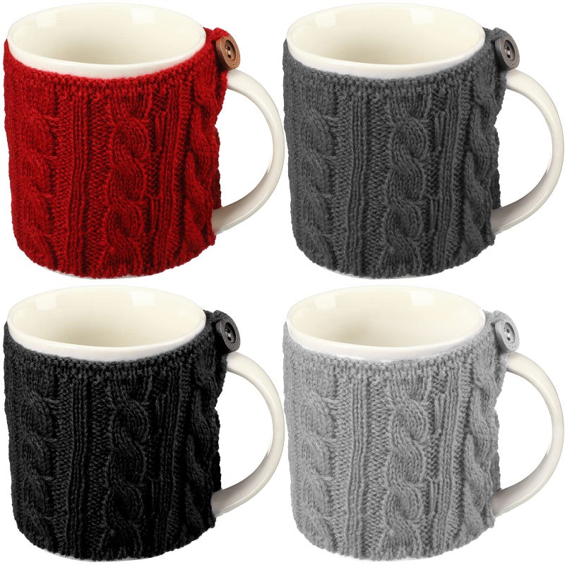Skyley 4 Pcs Coffee Mug Cozy Sleeve Reusable Knitted Crochet Sleeves Cup Tea Cozy Handmade Tableware Coffee and Tea Mug Warmer for Women MenAssorted Color