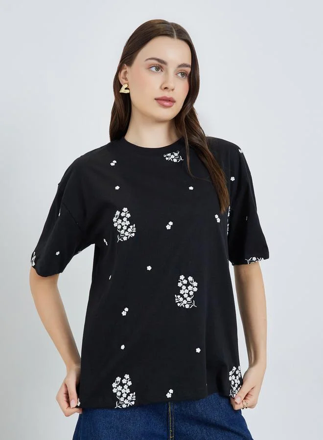 Styli Women Black Embroidered Floral Oversized T-Shirt