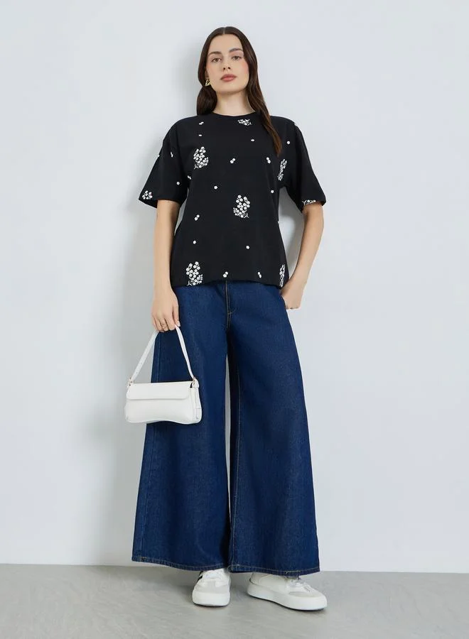 Styli Women Black Embroidered Floral Oversized T-Shirt