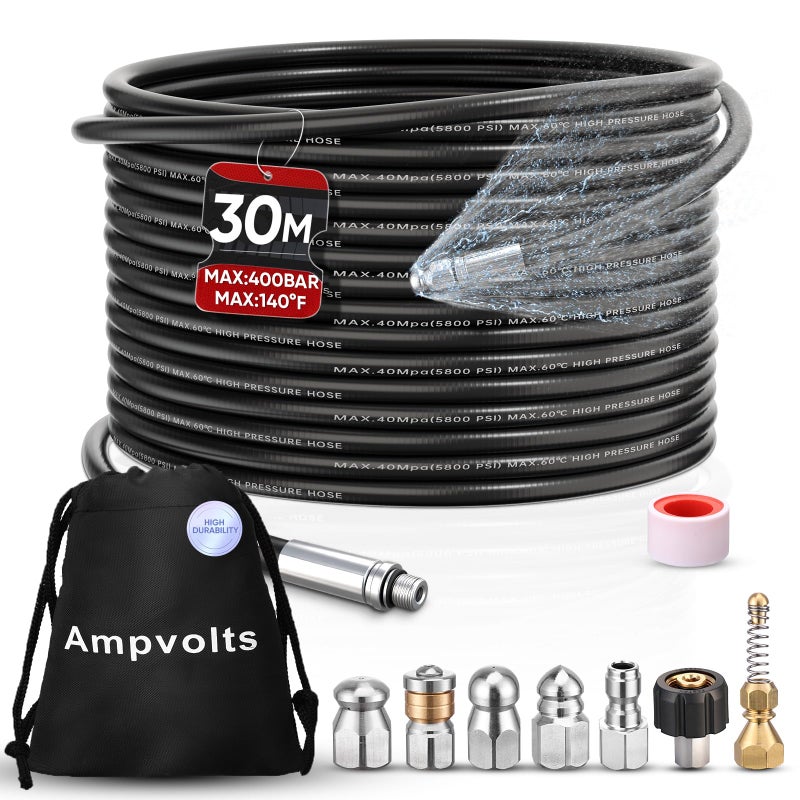 Ampvolts 100FT Sewer Jetter Kit for Pressure Washer, 5800 PSI Drain Cleaning Hose with 5 Jet Nozzles & 2 Adapters, Compatible with Spray Guns and Power Washers, Ideal for Clogged Pipes and Drains - Image 1