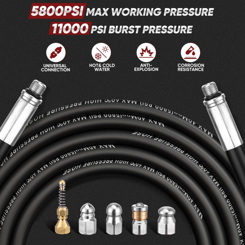 Ampvolts 100FT Sewer Jetter Kit for Pressure Washer, 5800 PSI Drain Cleaning Hose with 5 Jet Nozzles & 2 Adapters, Compatible with Spray Guns and Power Washers, Ideal for Clogged Pipes and Drains - Image 2