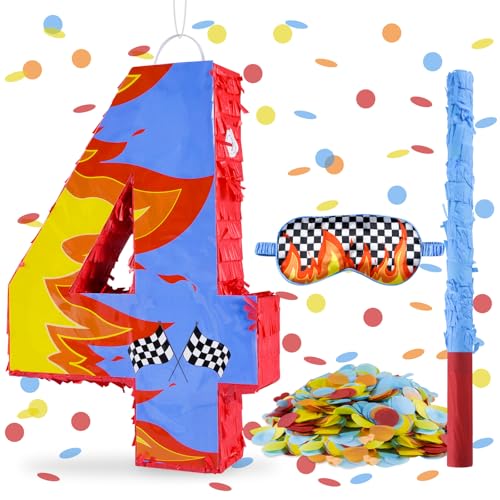 Blue Racing Cars Themed Birthday Decorations Racing Cars Themed Number 4 Pinata with Stick Blindfold and Confetti Fire Race Car Checkered Flag Themed 4th Birthday Party Supplies Fire Race Car 4th