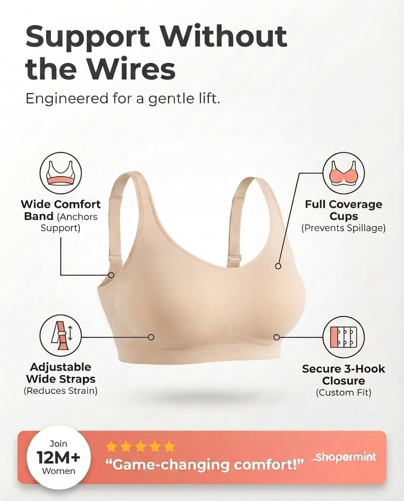 SHAPERMINT Bras for Women No Underwire - Seamless Bras for Women, Wireless Bra, Adjustable Plus Size Bra Beige - Image 4