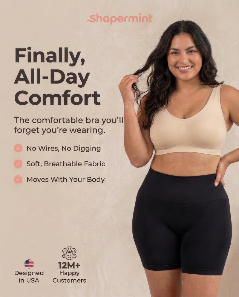 SHAPERMINT Bras for Women No Underwire - Seamless Bras for Women, Wireless Bra, Adjustable Plus Size Bra Beige - Image 2