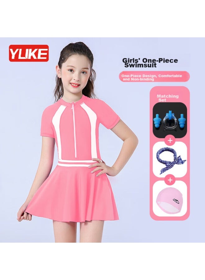 Yuke Children's One-piece Swimsuit Dress For Girls With Swim Cap, Nose Clip, Ear Plugs, And Towel, Pink, 2XL - Image 1