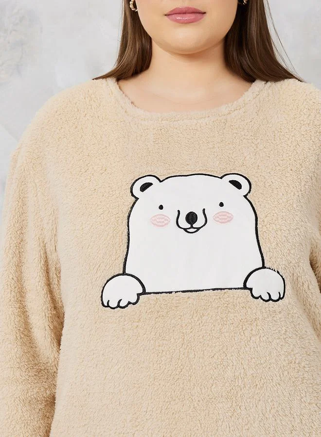 Styli Plush Fleece Bear Embroidered Top & Pyjama Set