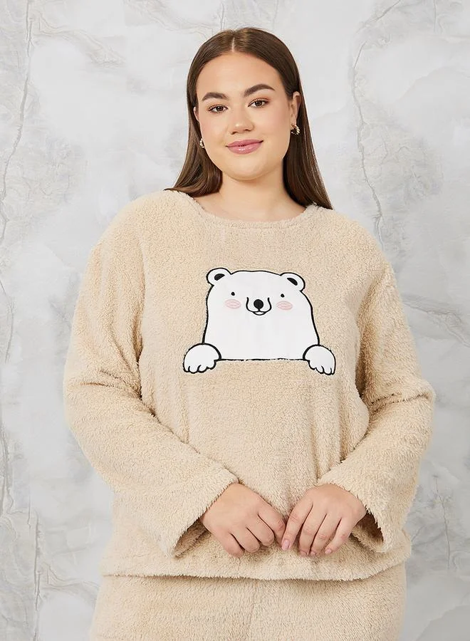 Styli Plush Fleece Bear Embroidered Top & Pyjama Set