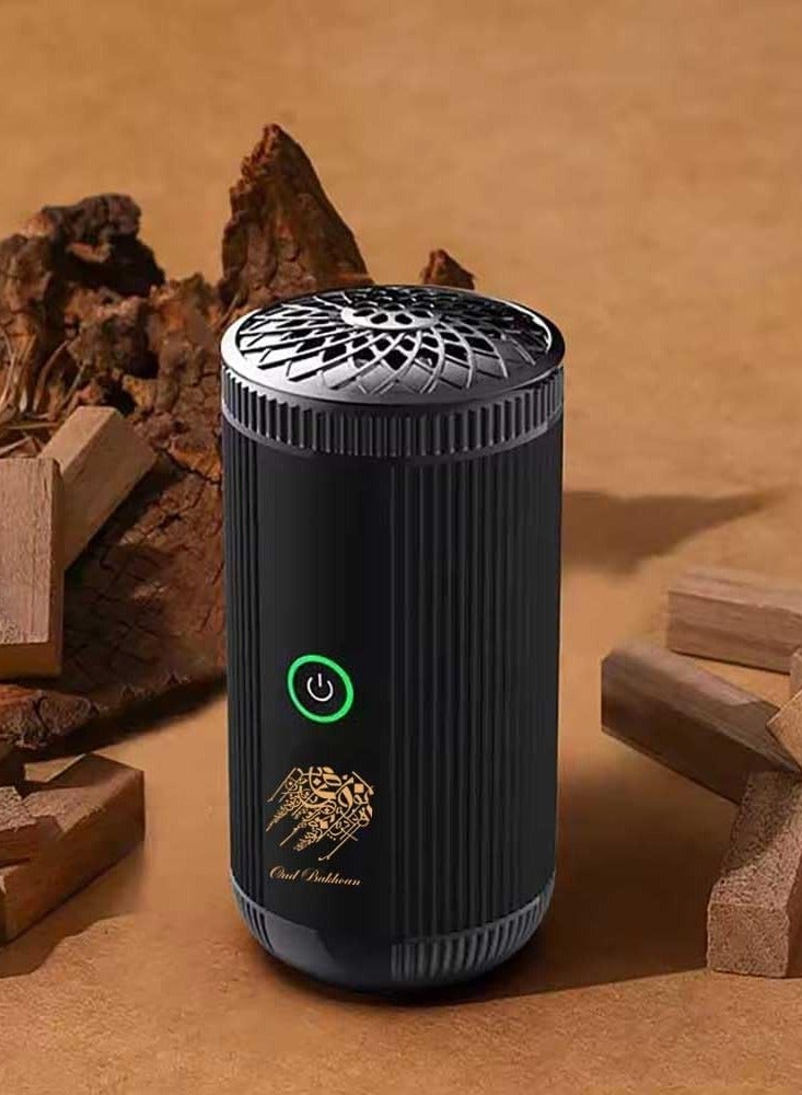 عود بخوان مبخرة بخور كهربائية محمولة قابلة لإعادة الشحن عبر منفذ USB، بهيكل معدني أسود متين، ناشر بخور العود للمنزل والمكتب والسيارة والسفر والتأمل - Image 2