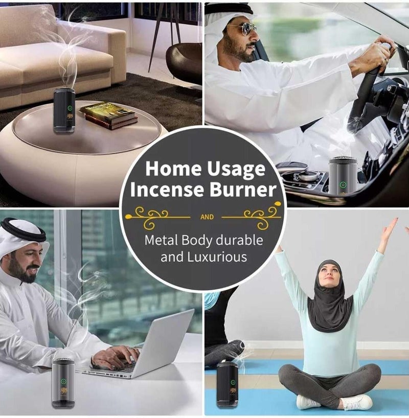 عود بخوان مبخرة بخور كهربائية محمولة قابلة لإعادة الشحن عبر منفذ USB، بهيكل معدني أسود متين، ناشر بخور العود للمنزل والمكتب والسيارة والسفر والتأمل - Image 5