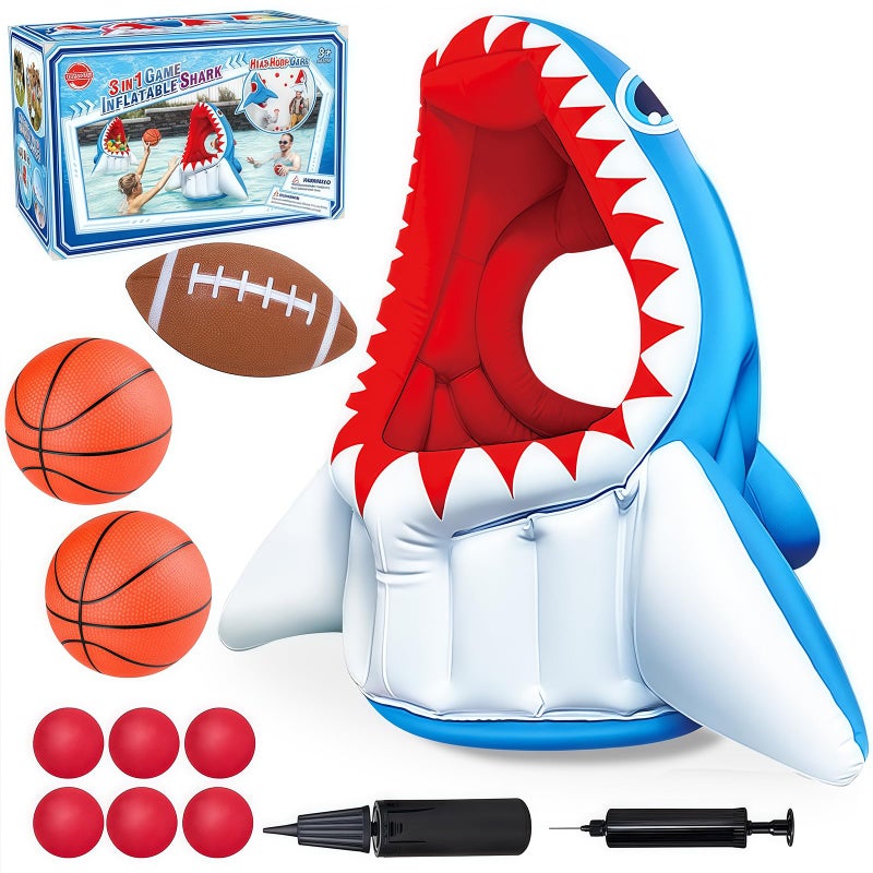 Bloolilies Inflatable Shark Toys Swimming Pool Games 3in1 Shark Basketball Football Head Hoop Pool Toys Outdoor Summer Beach Family Party Water Games Birthday Easter Gifts for Kids Toddlers - Image 3