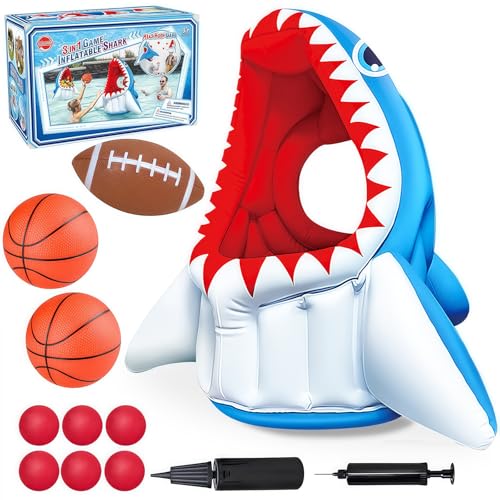 Bloolilies Inflatable Shark Toys Swimming Pool Games 3in1 Shark Basketball Football Head Hoop Pool Toys Outdoor Summer Beach Family Party Water Games Birthday Easter Gifts for Kids Toddlers - Image 1