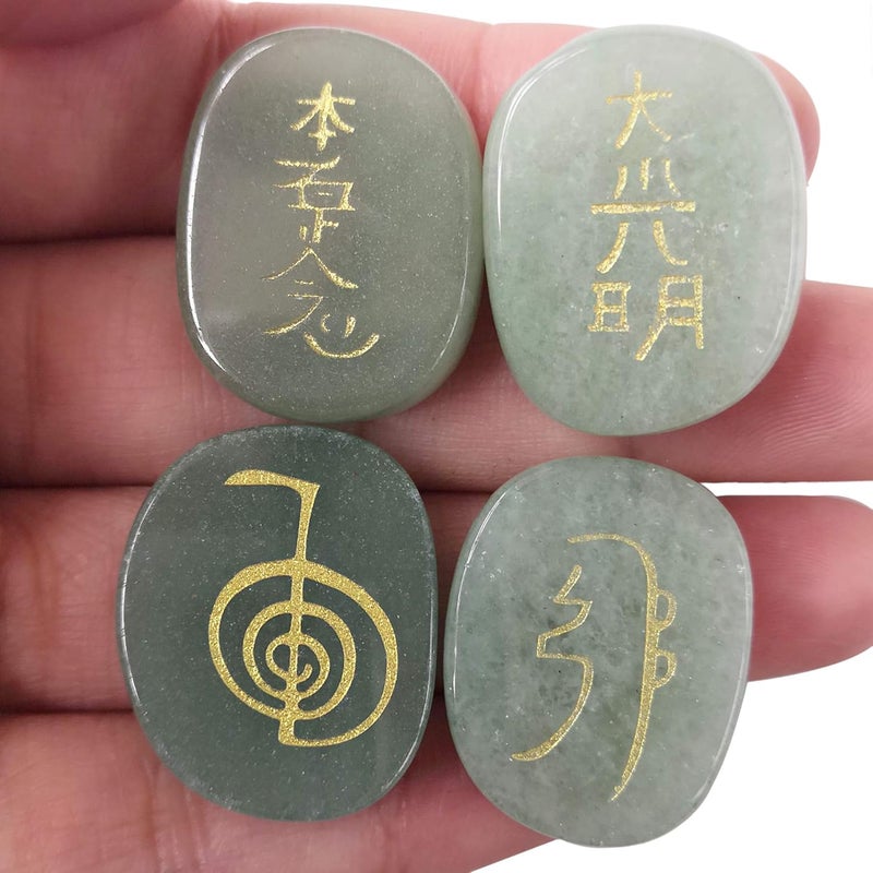 4 Pcs Green Aventurine Engraved Chakra Stones Healing Crystal Reiki Balancing Palm Stone, 25mm