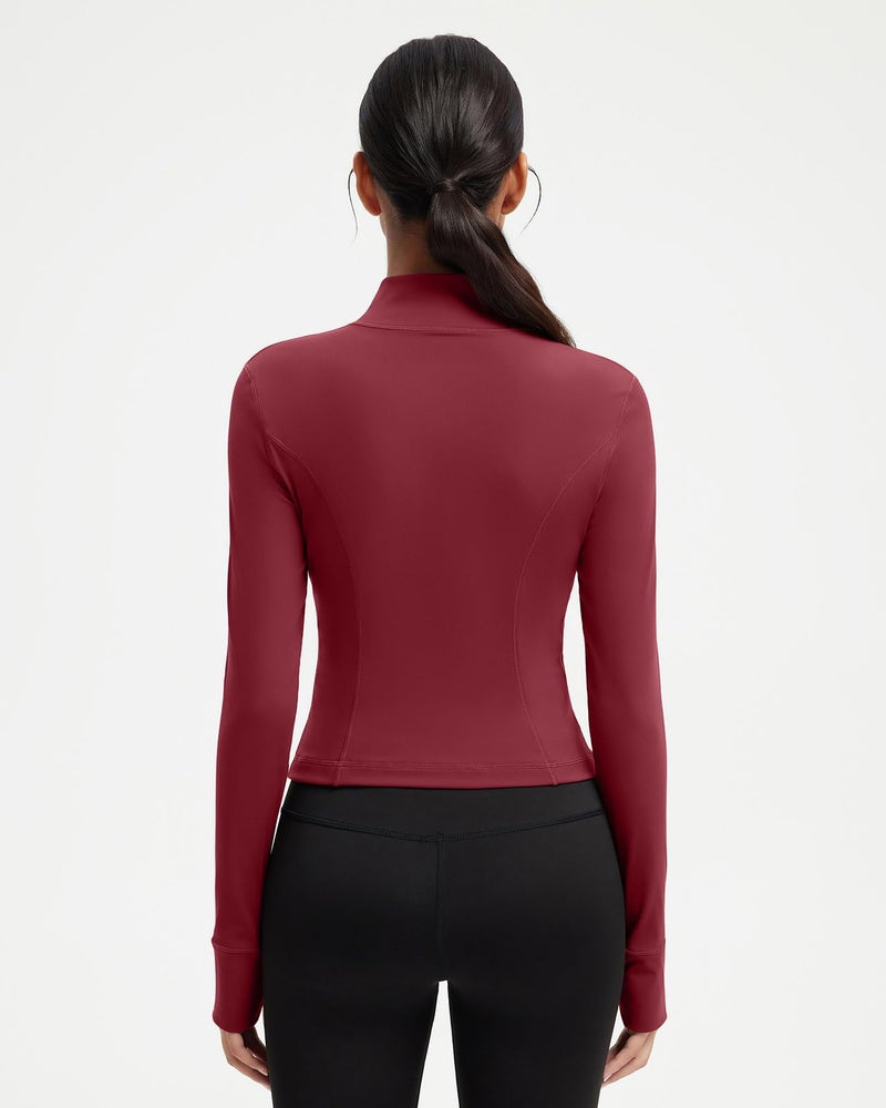 SUUKSESS Women Golden Full Zip Up Workout Cropped Jackets Lightweight Slim Fit Athletic Yoga Tops with Thumb Holes (Dull Red, M) - Image 2