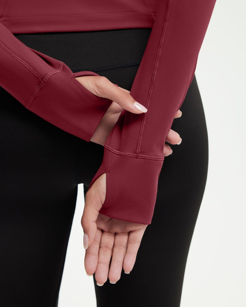 SUUKSESS Women Golden Full Zip Up Workout Cropped Jackets Lightweight Slim Fit Athletic Yoga Tops with Thumb Holes (Dull Red, M) - Image 5