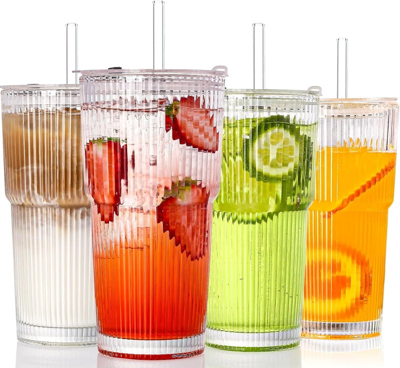 SIPBYSOP 4PCS Ribbed Glass Cups with Lids and Straws, 20oz Vintage Drinking Glasses, Aesthetic Iced Coffee Cups, Glass Tumbler for Boba, Beer, Tea, Cocktails, Ribbed Glassware Set,Clear - Image 1
