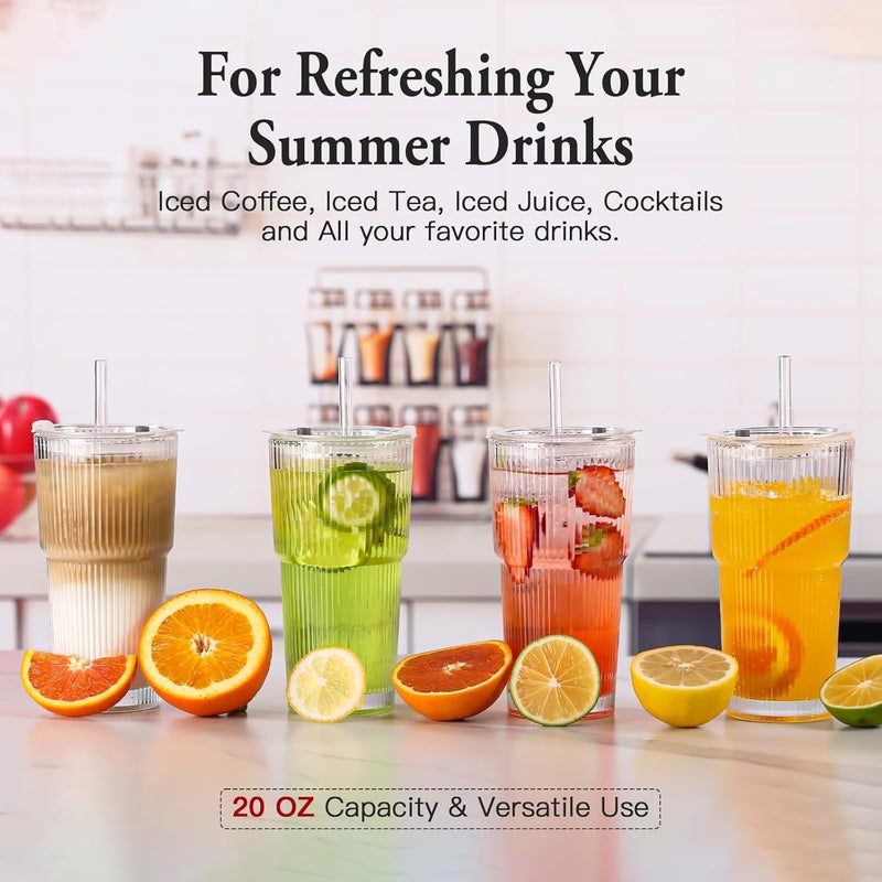 SIPBYSOP 4PCS Ribbed Glass Cups with Lids and Straws, 20oz Vintage Drinking Glasses, Aesthetic Iced Coffee Cups, Glass Tumbler for Boba, Beer, Tea, Cocktails, Ribbed Glassware Set,Clear - Image 5