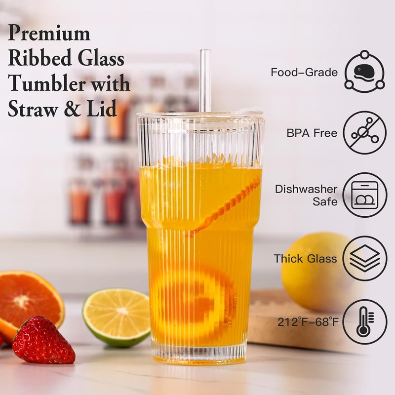 SIPBYSOP 4PCS Ribbed Glass Cups with Lids and Straws, 20oz Vintage Drinking Glasses, Aesthetic Iced Coffee Cups, Glass Tumbler for Boba, Beer, Tea, Cocktails, Ribbed Glassware Set,Clear - Image 2