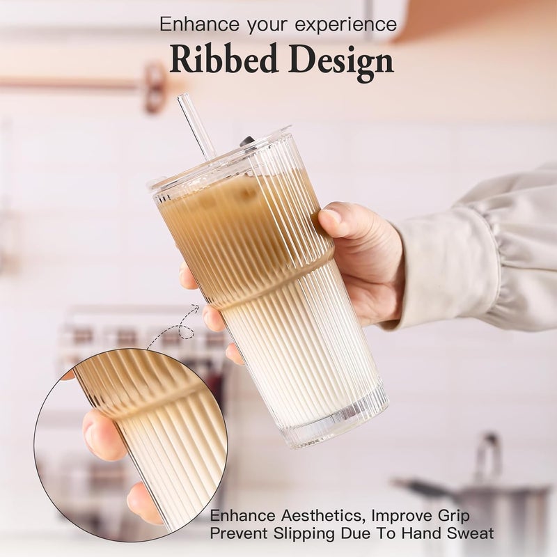 SIPBYSOP 4PCS Ribbed Glass Cups with Lids and Straws, 20oz Vintage Drinking Glasses, Aesthetic Iced Coffee Cups, Glass Tumbler for Boba, Beer, Tea, Cocktails, Ribbed Glassware Set,Clear - Image 3