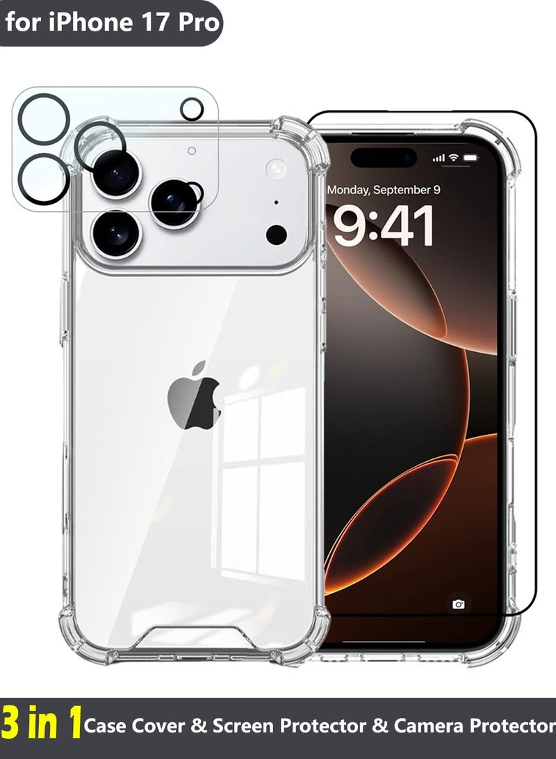 Youque 3 in 1 iPhone 17 Pro Protection Pack, Clear Case with Screen Protector&Camera Lens, Transparent Slim Fit Anti-Scratch Soft TPU Edge Hard PC Back Cover with Airbag Corners, Clear ﻿ - Image 1