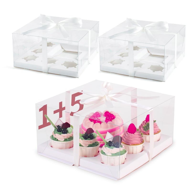 JCD 3 Packs Cake Cupcakes Combo Box 1+5 Cupcake Containers with Gift Ribbon Bento Clear Boxes (5 Cupcakes with Cake) (1+5/3Pcs) - Image 1
