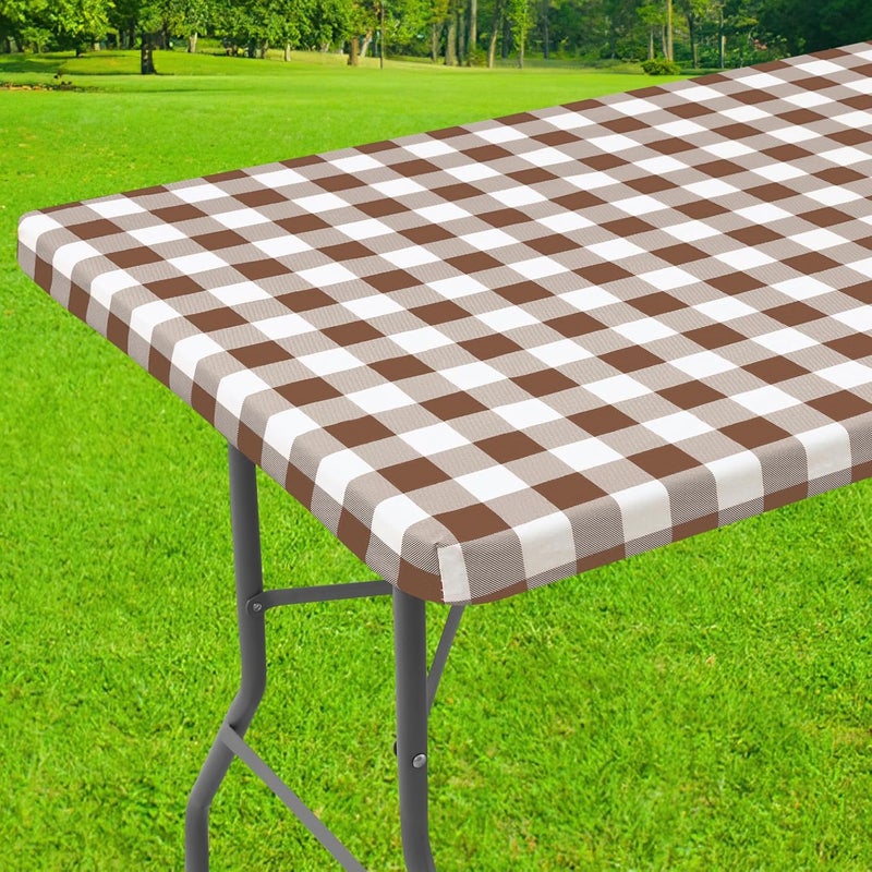 smiry Rectangle Picnic Table Cloth, Elastic Waterproof Fitted Vinyl Tablecloth for 6 FT Tables, Flannel Backed Buffalo Plaid Table Covers for Dining, Camping, Outdoor (White and Brown, 30" x 72") - Image 1