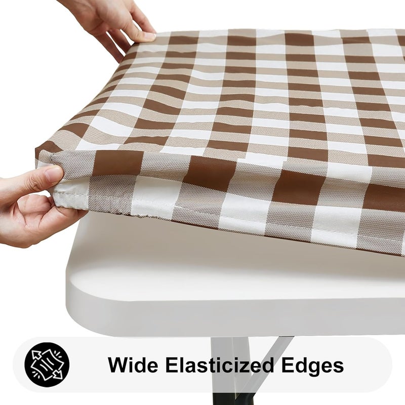 smiry Rectangle Picnic Table Cloth, Elastic Waterproof Fitted Vinyl Tablecloth for 6 FT Tables, Flannel Backed Buffalo Plaid Table Covers for Dining, Camping, Outdoor (White and Brown, 30" x 72") - Image 2