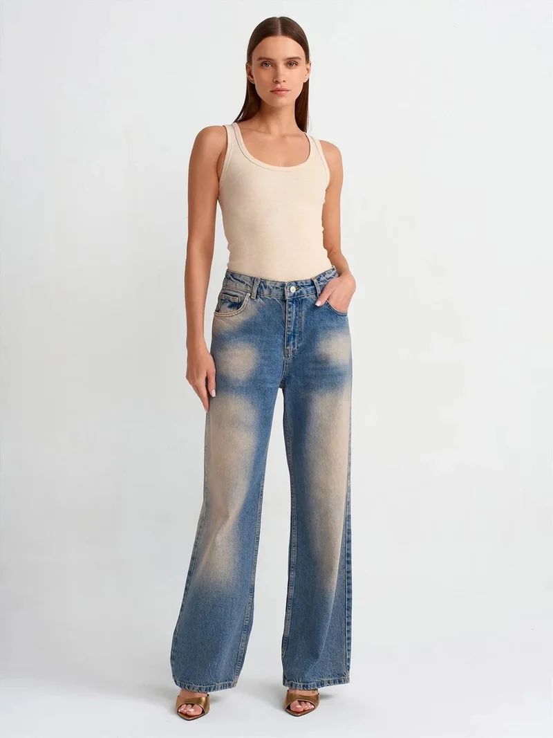 ديلفين Dilvin Women's High-Waist Wide-Leg Cotton Jeans
