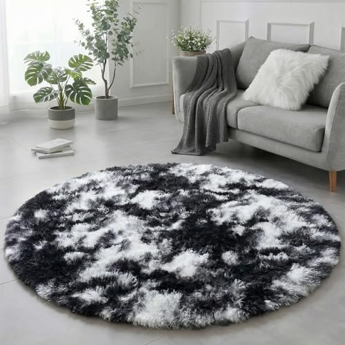 Amdrebio Black White Grey Round Rug 4Ft Circle Area Rugs for Bedroom Living Room Fluffy Fuzzy Shaggy Furry Rugs for Kids Room Dorm Home Office Shag Plush Floor Modern Cool Carpet for Men Teen Boys - Image 1