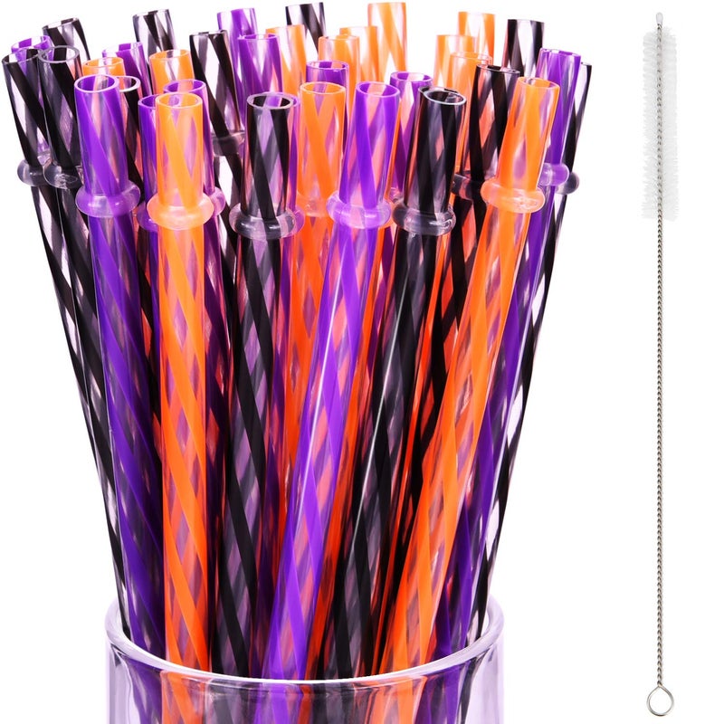 Jovitec 60 Pieces Halloween Straws Plastic Reusable Straw with Straw Cleaning Brush for Halloween Party Family Supply  9 Inches (Halloween Color) - Image 1