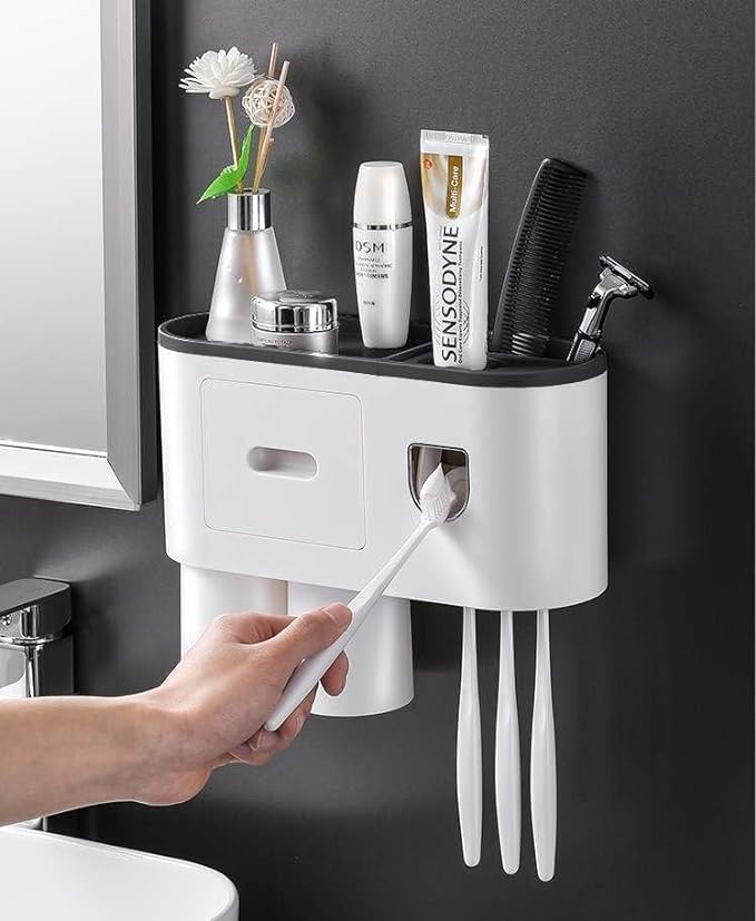 MAGHROLA Wall Mounted Bathroom Toothbrush Holder,Automatic Toothpaste Dispenser with Toothbrush Holder,4 Toothbrush Slot with Magnetic Cups,Tray,Cosmetic Drawer Bathroom Accessories &Organization (2-Cup) - Image 1