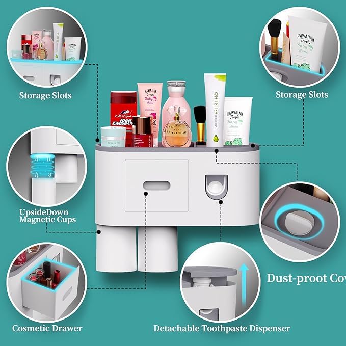 MAGHROLA Wall Mounted Bathroom Toothbrush Holder,Automatic Toothpaste Dispenser with Toothbrush Holder,4 Toothbrush Slot with Magnetic Cups,Tray,Cosmetic Drawer Bathroom Accessories &Organization (2-Cup) - Image 3
