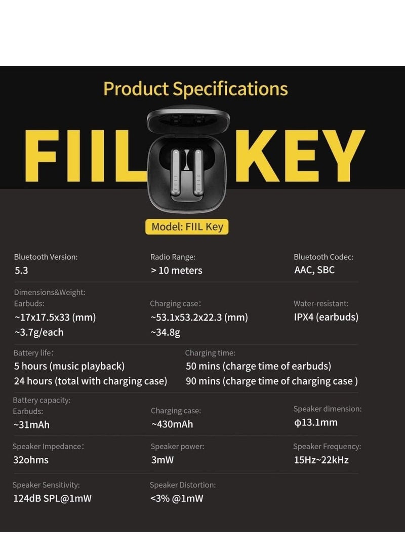 FIIL Key True Wireless Earbuds Bluetooth 5.3 Low Latency TWS In-Ear Headphones