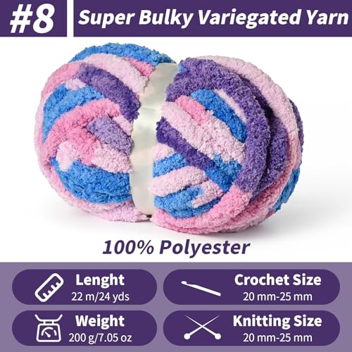 Sekafris 10 Pack Fluffy Chunky Chenille Yarn for Crocheting, Jumbo Chunky Blanket Yarn for Hand Knitting, 240yds/70.5oz Super Bulky Variegated Baby Blanket Yarn (Blue-Pink-Purple) - Image 2