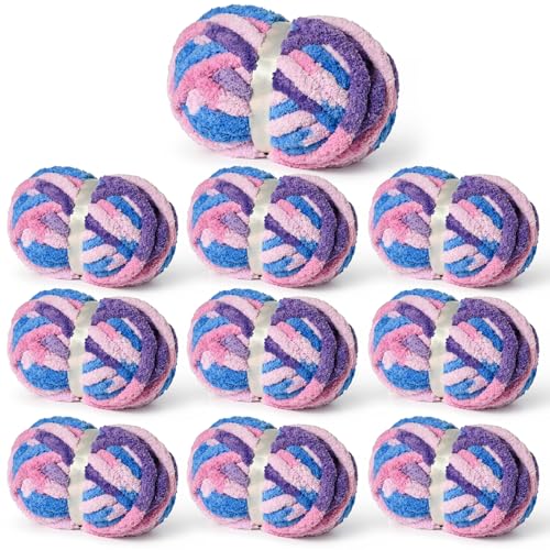 Sekafris 10 Pack Fluffy Chunky Chenille Yarn for Crocheting, Jumbo Chunky Blanket Yarn for Hand Knitting, 240yds/70.5oz Super Bulky Variegated Baby Blanket Yarn (Blue-Pink-Purple) - Image 1