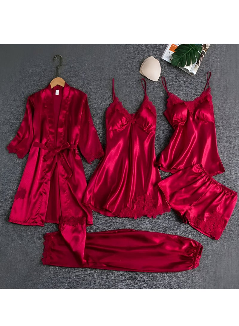 Luxury five-piece women's pajama set in red 