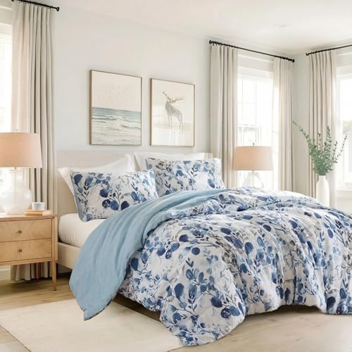 Regency Heights Lightweight Seersucker Botanical King Size Comforter Set, 3 Pieces Reversible Design Bed Comforter, Premium Microfiber Bedding Set, Comforter and Shams Set, Blue - Image 1