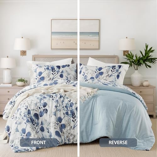 Regency Heights Lightweight Seersucker Botanical King Size Comforter Set, 3 Pieces Reversible Design Bed Comforter, Premium Microfiber Bedding Set, Comforter and Shams Set, Blue - Image 4