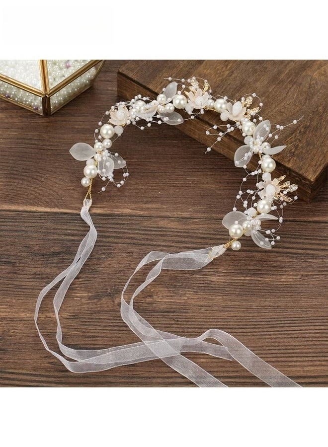 Wedding Hair Accessories for Kids, Princess Headpiece White Flower Headband Pearl Hair Dress for Girl and Flower Girls Lovely Bridal Wedding Hair Band - Image 4