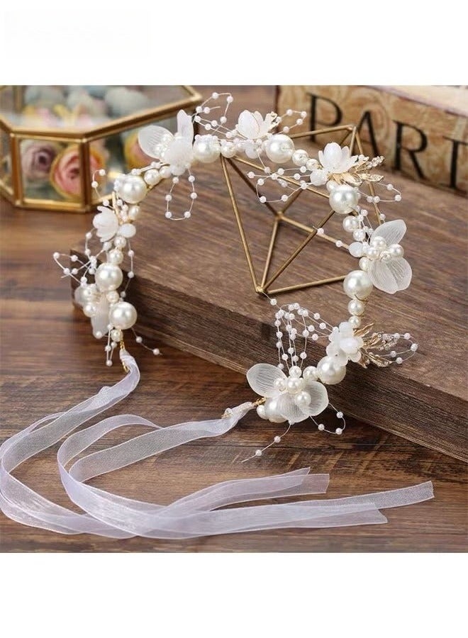 Wedding Hair Accessories for Kids, Princess Headpiece White Flower Headband Pearl Hair Dress for Girl and Flower Girls Lovely Bridal Wedding Hair Band - Image 1