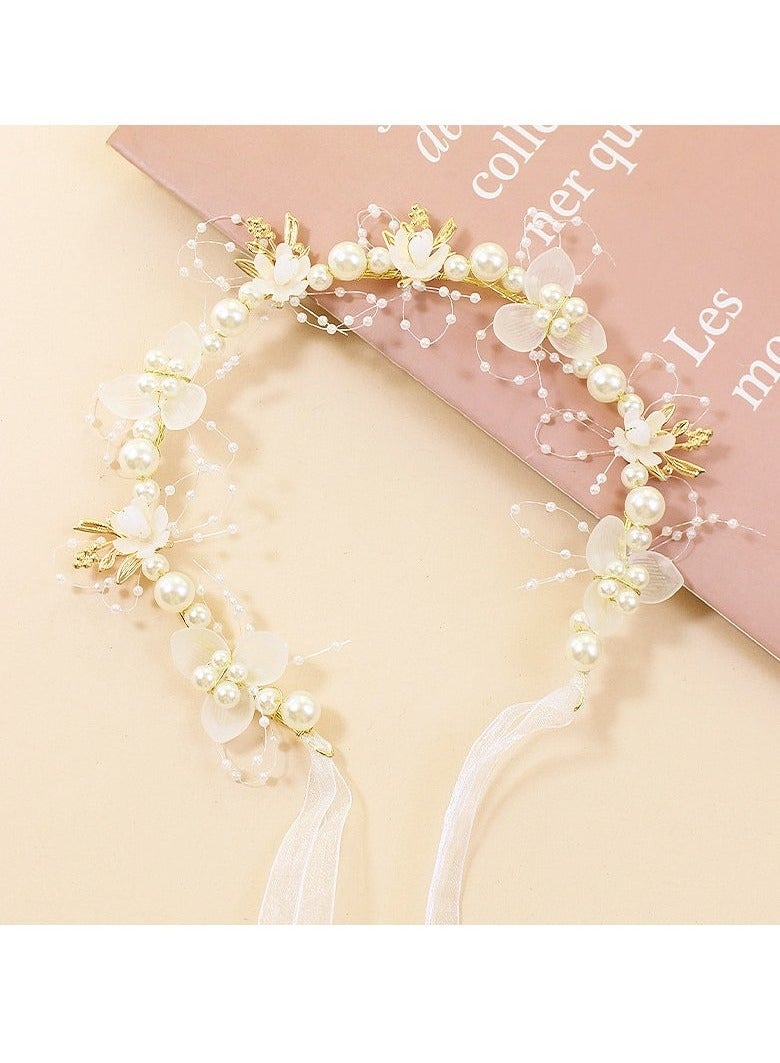 Wedding Hair Accessories for Kids, Princess Headpiece White Flower Headband Pearl Hair Dress for Girl and Flower Girls Lovely Bridal Wedding Hair Band - Image 2