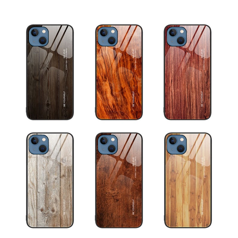 HuHa Protective Cover For iPhone 14 Plus Wood Grain Glass Protective Case (Yellow) - Image 2
