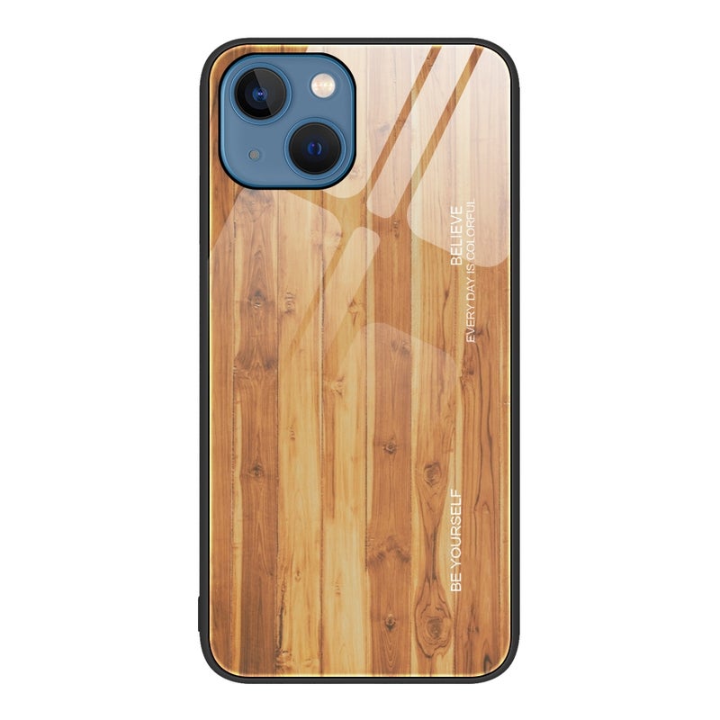 HuHa Protective Cover For iPhone 14 Plus Wood Grain Glass Protective Case (Yellow) - Image 1