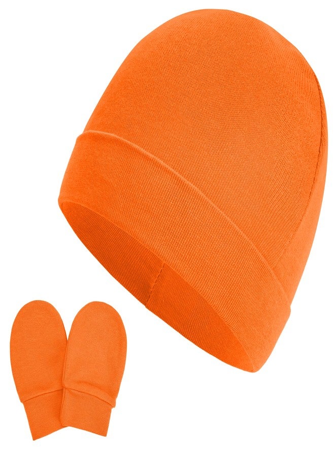 Zando Newborn Baby Girl Hats Cotton Orange Baby Beanie Hat with No Scratches Mittens Infant Hats for Baby Girls and Boys 0-6 Months Newborn Beanies for Halloween Christmas Orange 0-3 Months - Image 1