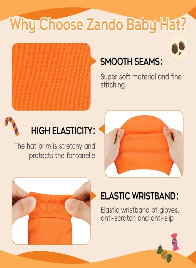 Zando Newborn Baby Girl Hats Cotton Orange Baby Beanie Hat with No Scratches Mittens Infant Hats for Baby Girls and Boys 0-6 Months Newborn Beanies for Halloween Christmas Orange 0-3 Months - Image 5